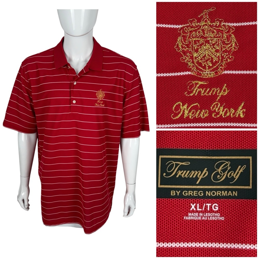 Trump Golf Mens XL Polo Shirt By Greg Norman Red New York Striped Casual EUC